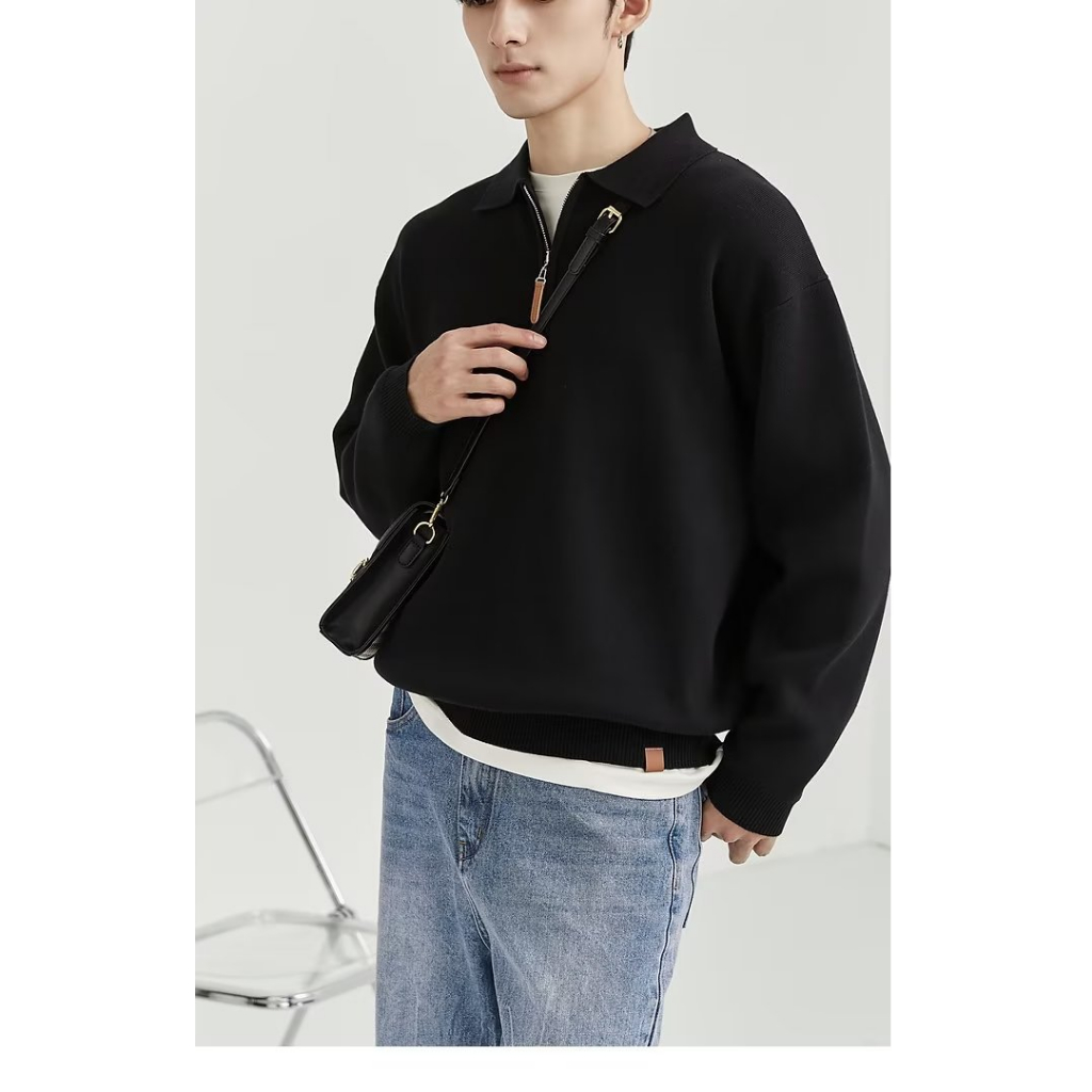 Hanlu Áo Thun polo Dài Tay Có Khóa Kéo Đơn Giản Thời Trang Cho Nam