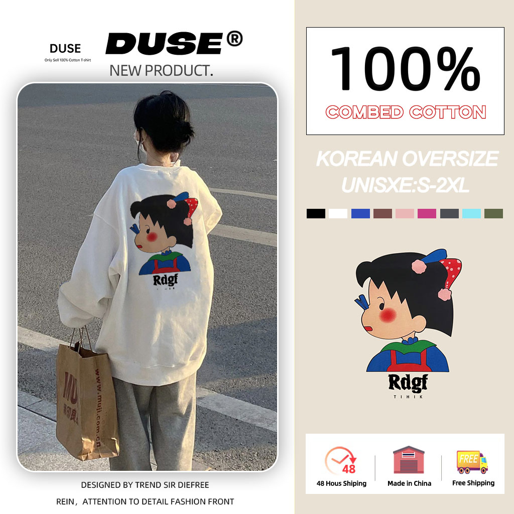 Áo Sweater cotton Dáng Rộng Cổ Tròn Tay Dài In Hình chibi maruko-chan Màu Trắng Phong Cách Hàn Quốc Mùa Thu Cho unisex