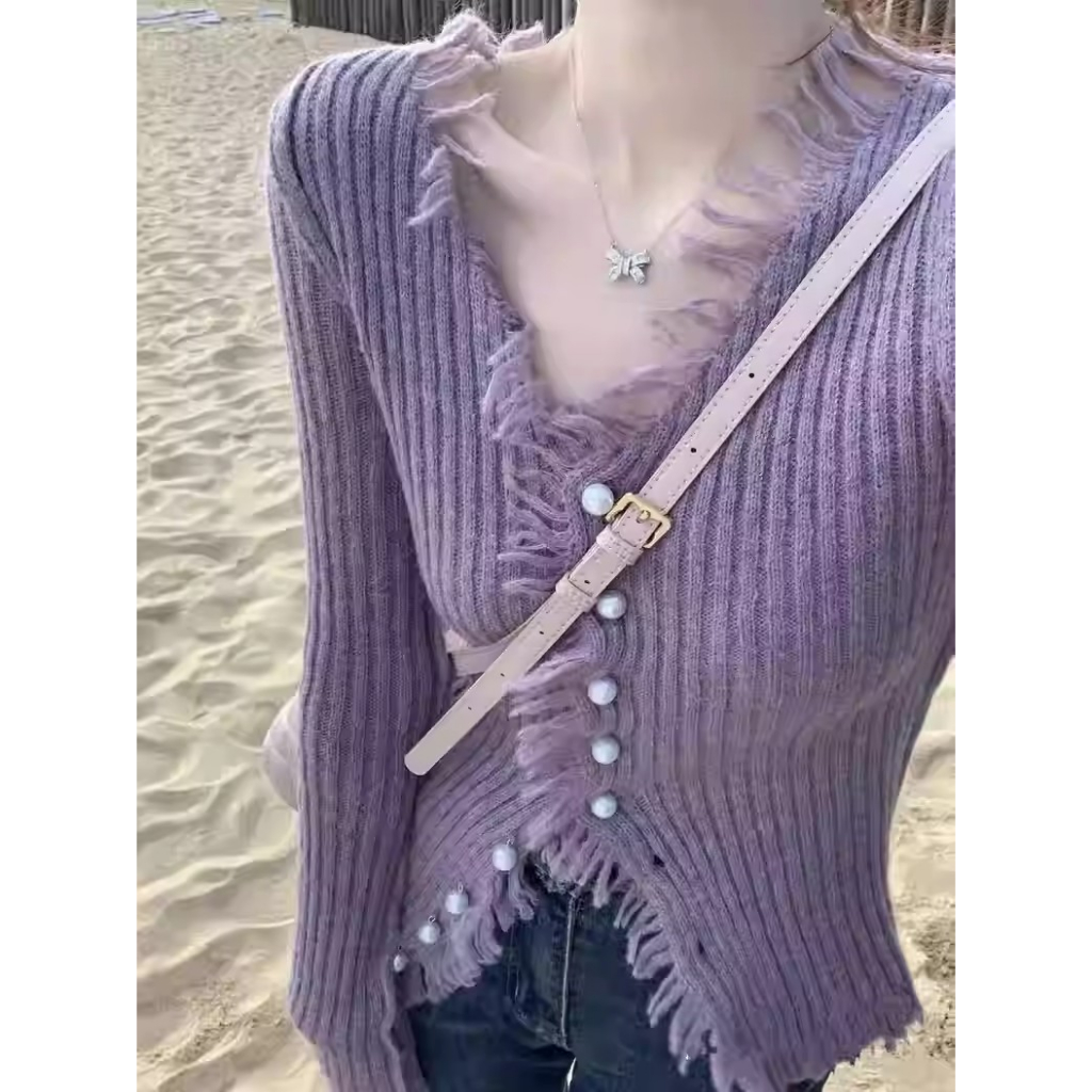 Áo cardigan Dệt Kim Tay Dài Cổ Chữ v Dáng Ôm Màu Tím Thời Trang Dành Cho Nữ