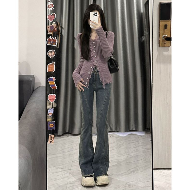 Áo cardigan Dệt Kim Tay Dài Cổ Chữ v Dáng Ôm Màu Tím Thời Trang Dành Cho Nữ