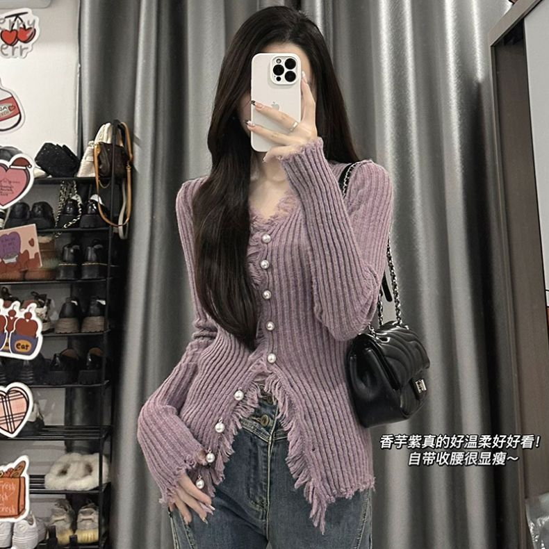 Áo cardigan Dệt Kim Tay Dài Cổ Chữ v Dáng Ôm Màu Tím Thời Trang Dành Cho Nữ