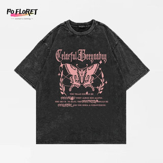 POFLORET Áo Thun Baby Tee 100% cotton unisex Tay Ngắn Cổ Tròn Dáng Rộng In Hình Bướm Hồng Phong Cách Mỹ Cổ Điển Cho Nam Và overize Nữ
