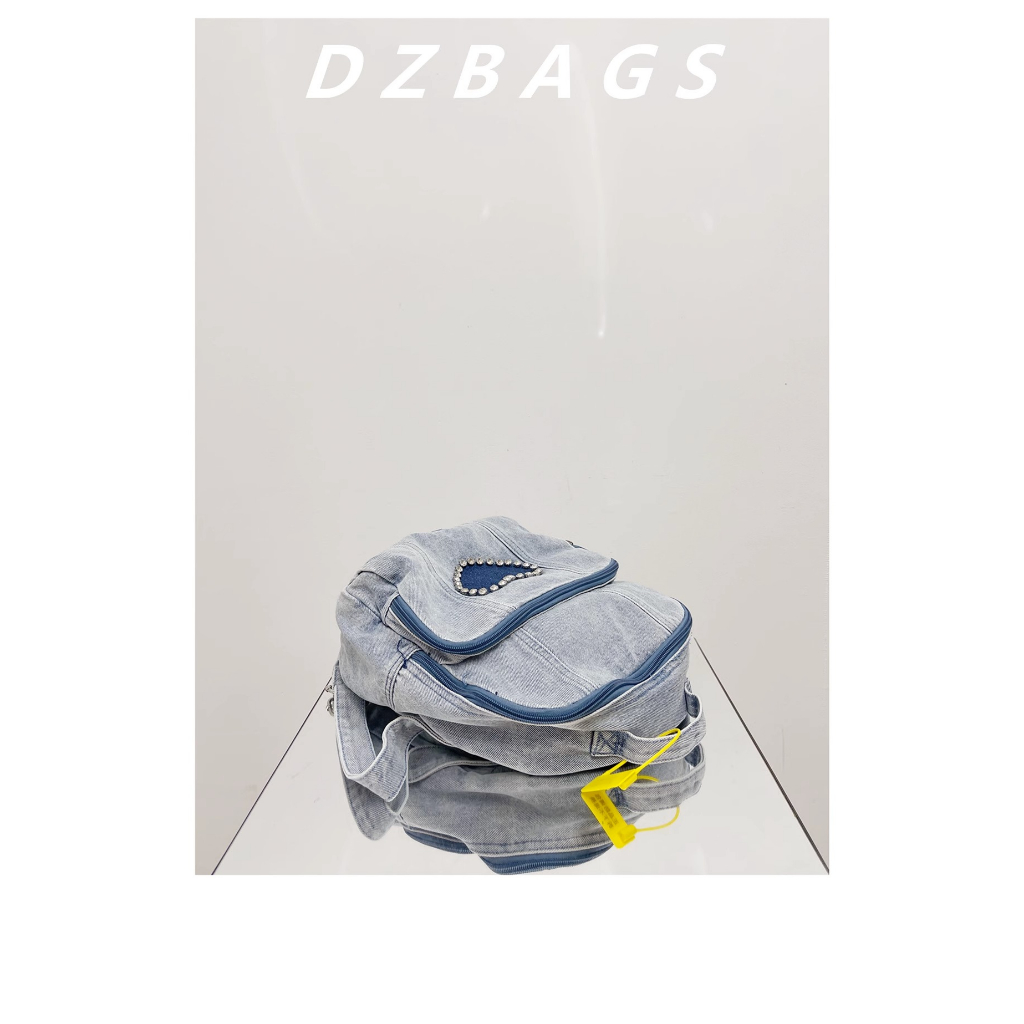 2023 phong cách mới phiên bản hàn quốc ba lô denim màu xanh nhạt ba lô nhỏ diamond-studded love retro preppy style