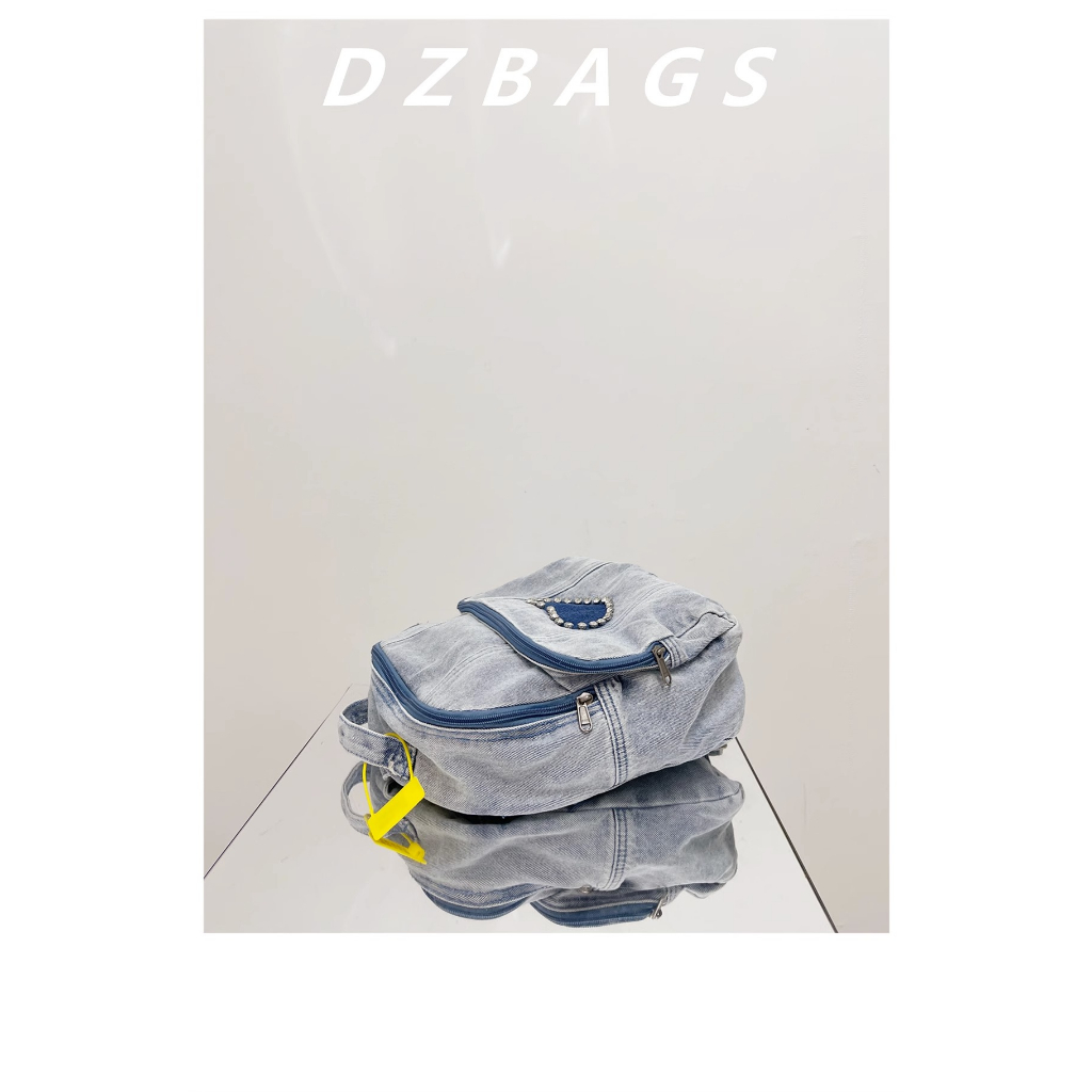 2023 phong cách mới phiên bản hàn quốc ba lô denim màu xanh nhạt ba lô nhỏ diamond-studded love retro preppy style