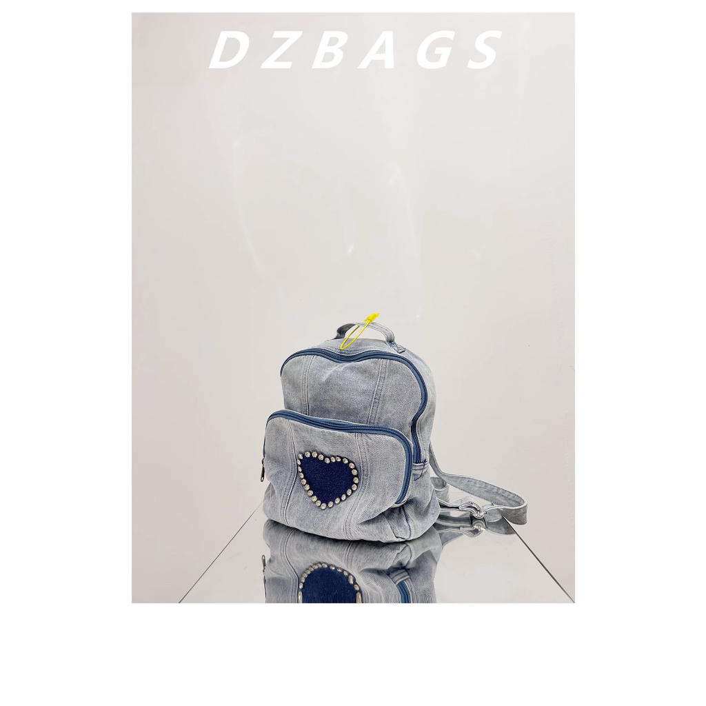 2023 phong cách mới phiên bản hàn quốc ba lô denim màu xanh nhạt ba lô nhỏ diamond-studded love retro preppy style