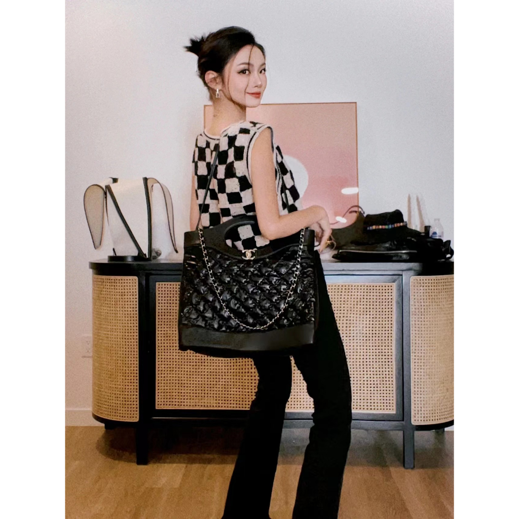 Túi Mua Sắm 31 Tông Da Bò Màu Vàng Và Kim Loại Kích Thước Lớn 36X31 cm Không Có Hộp