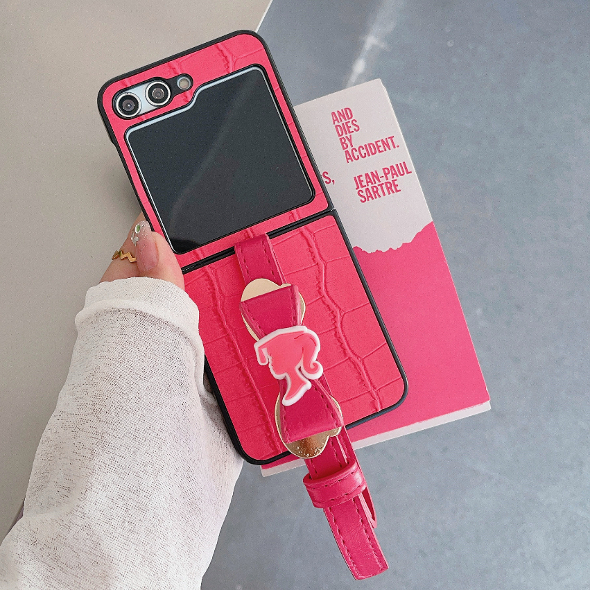 Bao Da Điện Thoại Nắp Lật Cứng Chống Sốc Hình Búp Bê barbie Gắn Nơ Gắn Dây Đeo Cổ Tay Cho samsung galaxy z flip 5 z flip4 flip3 Ốp
