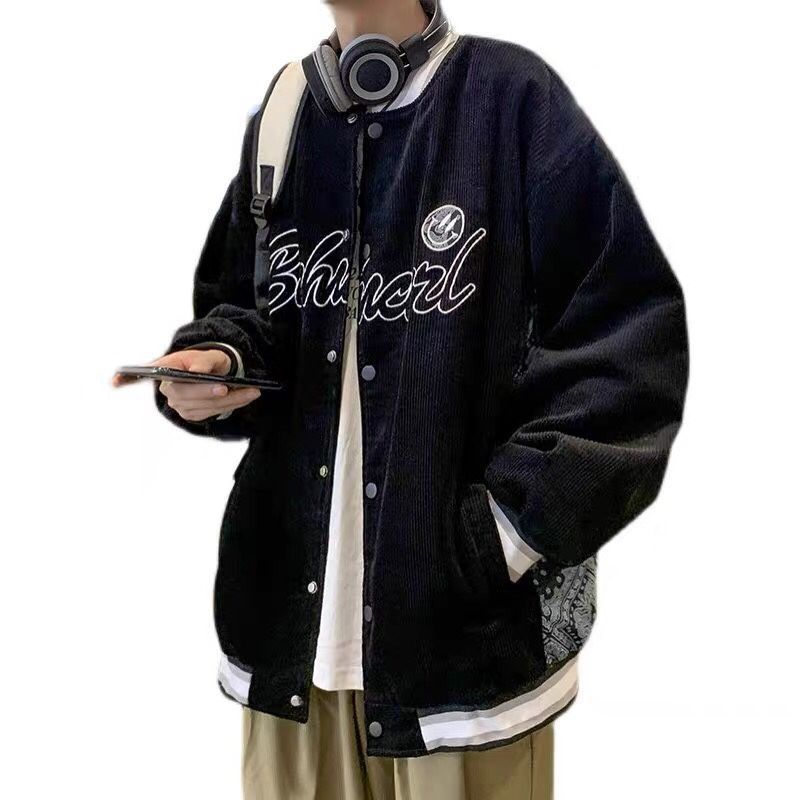 Áo Khoác Bóng Chày Dáng Rộng Bằng Vải Nhung Kẻ Thời Trang Xuân Thu vintage Mỹ Cho Nam