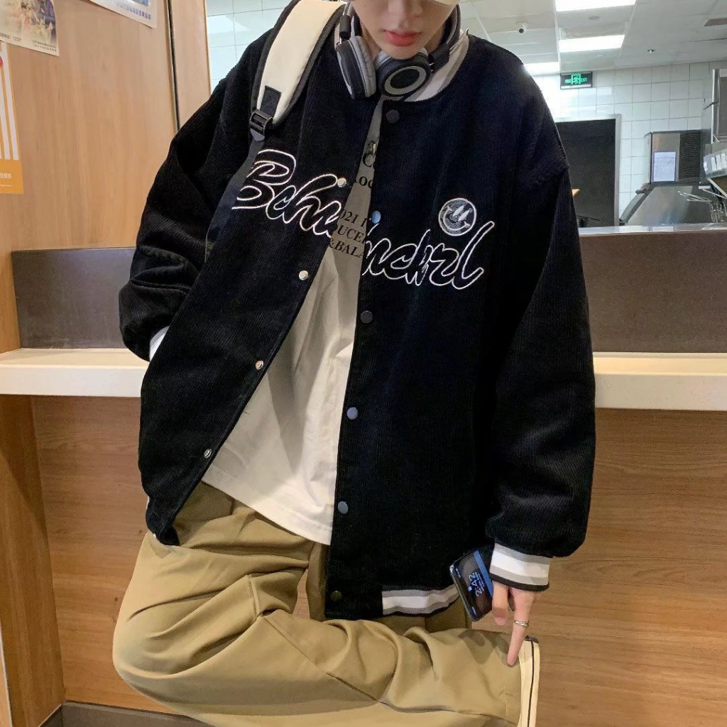 Áo Khoác Bóng Chày Dáng Rộng Bằng Vải Nhung Kẻ Thời Trang Xuân Thu vintage Mỹ Cho Nam