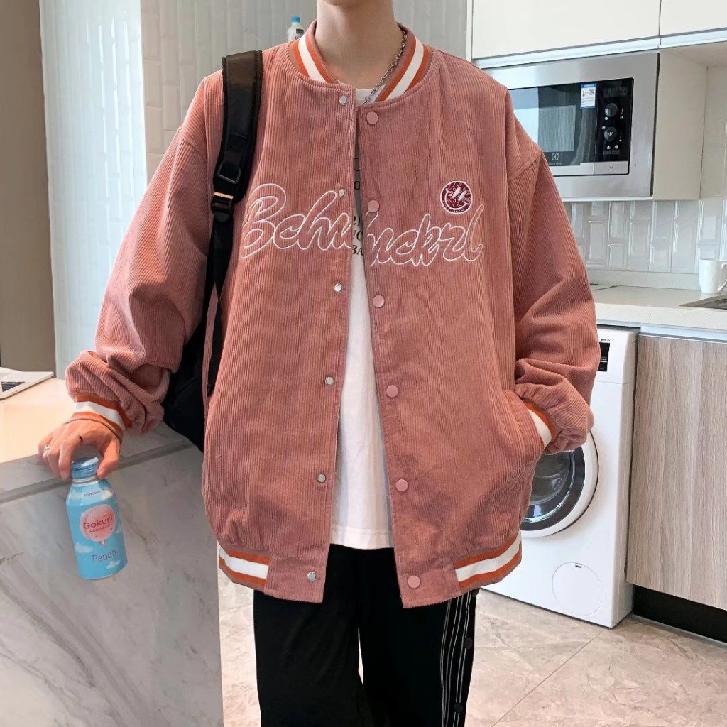 Áo Khoác Bóng Chày Dáng Rộng Bằng Vải Nhung Kẻ Thời Trang Xuân Thu vintage Mỹ Cho Nam