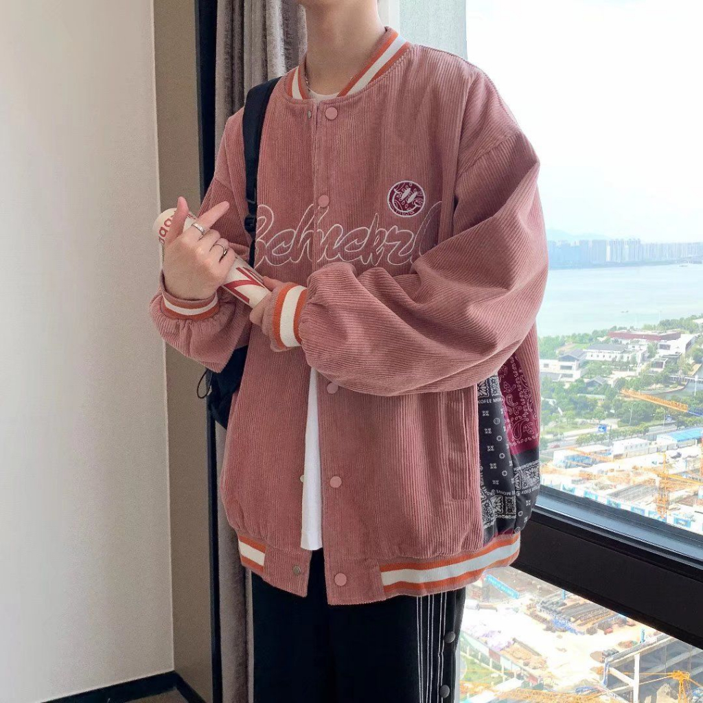 Áo Khoác Bóng Chày Dáng Rộng Bằng Vải Nhung Kẻ Thời Trang Xuân Thu vintage Mỹ Cho Nam