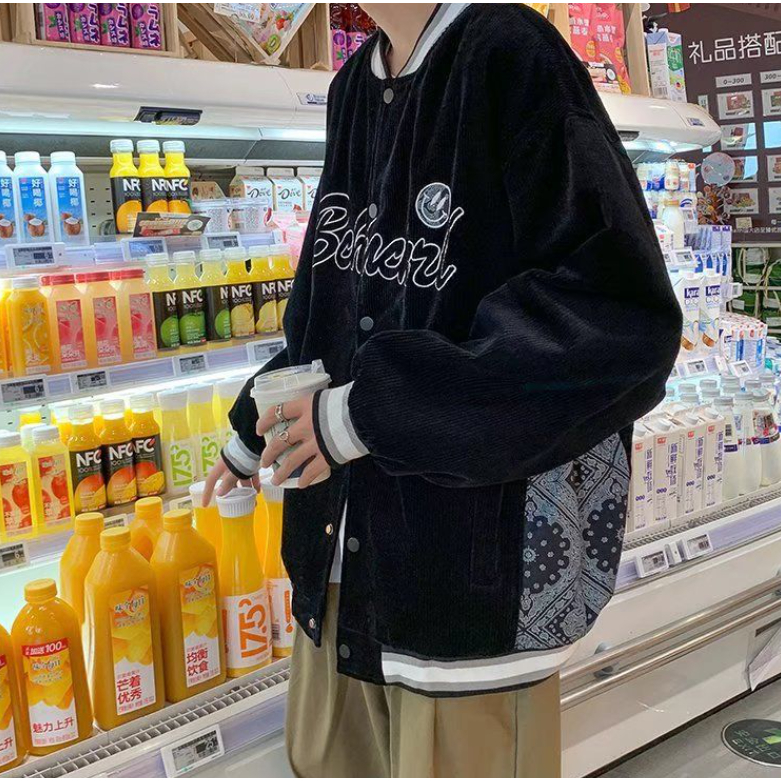 Áo Khoác Bóng Chày Dáng Rộng Bằng Vải Nhung Kẻ Thời Trang Xuân Thu vintage Mỹ Cho Nam