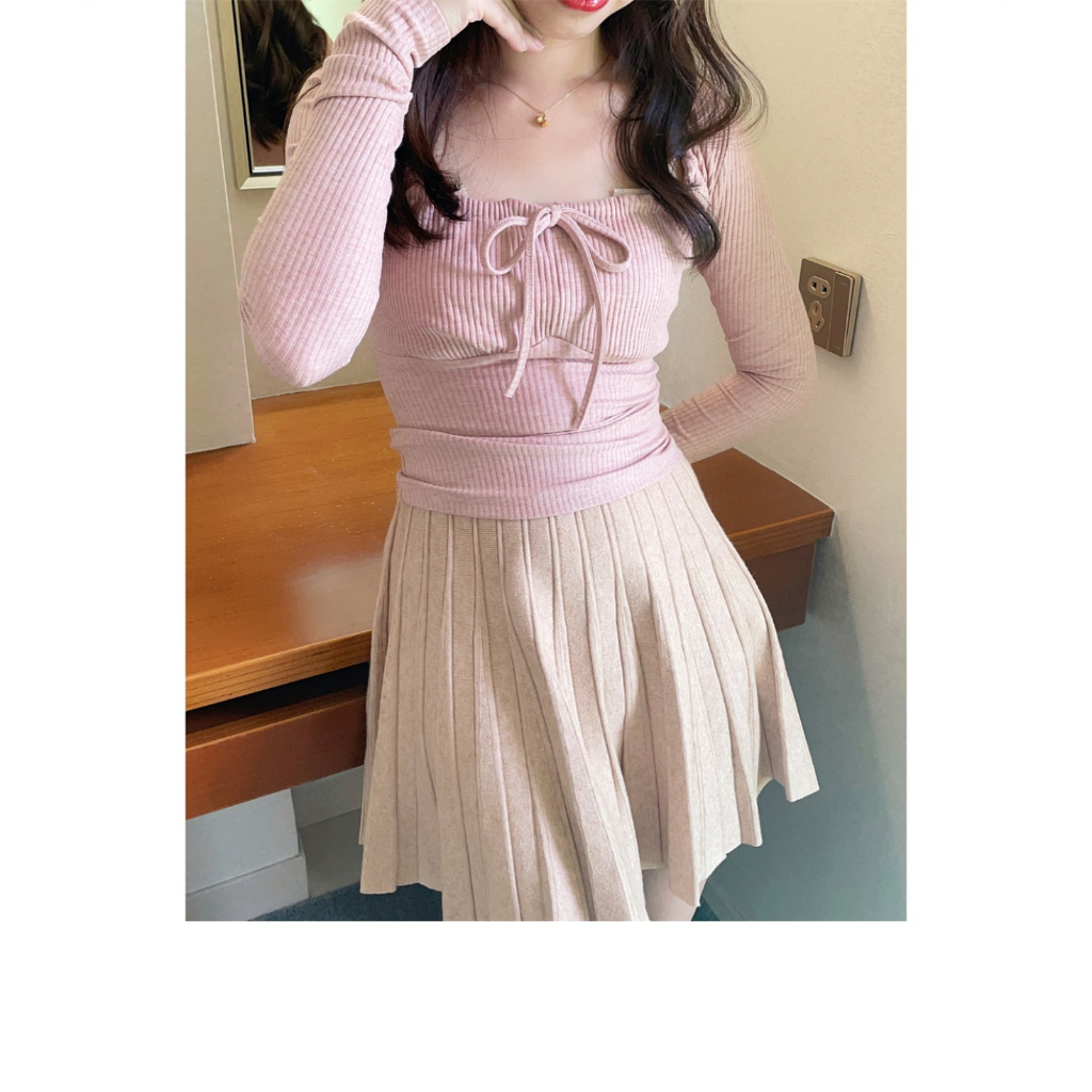 Minimalist Labo Áo Thun Nữ Tay Dài Buộc Dây Eo Thời Trang