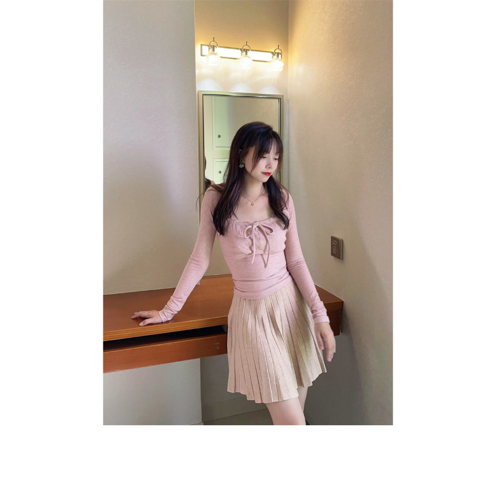 Minimalist Labo Áo Thun Nữ Tay Dài Buộc Dây Eo Thời Trang