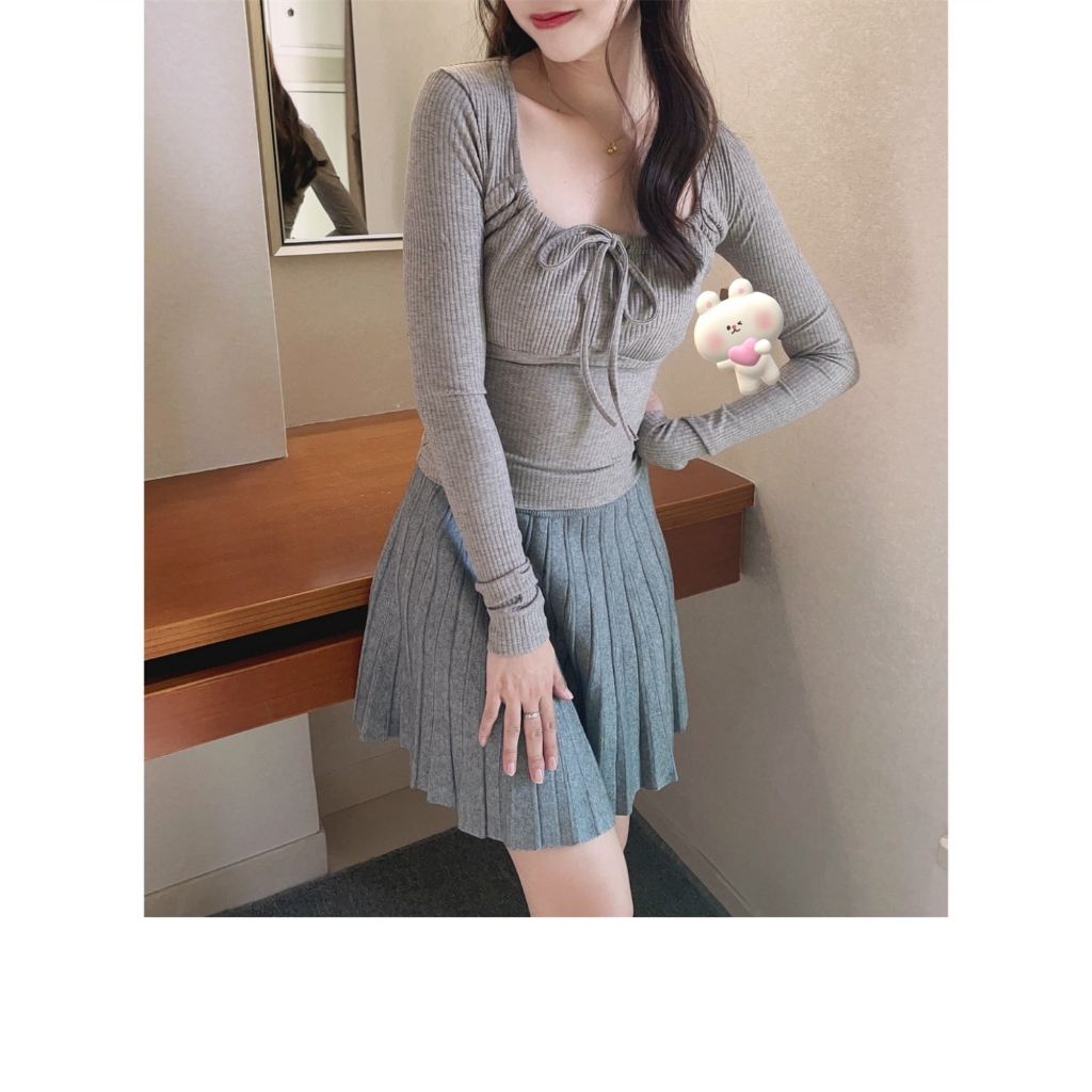 Minimalist Labo Áo Thun Nữ Tay Dài Buộc Dây Eo Thời Trang