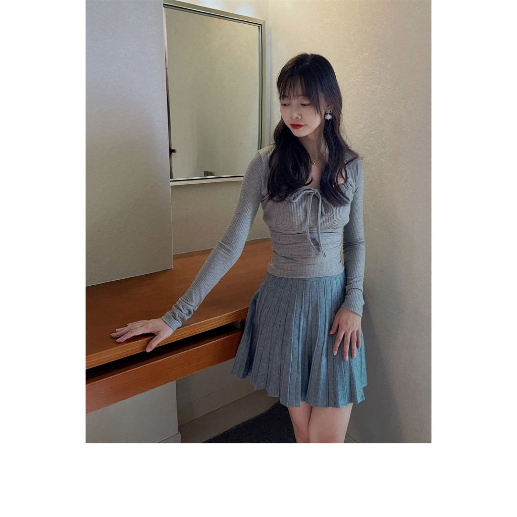 Minimalist Labo Áo Thun Nữ Tay Dài Buộc Dây Eo Thời Trang