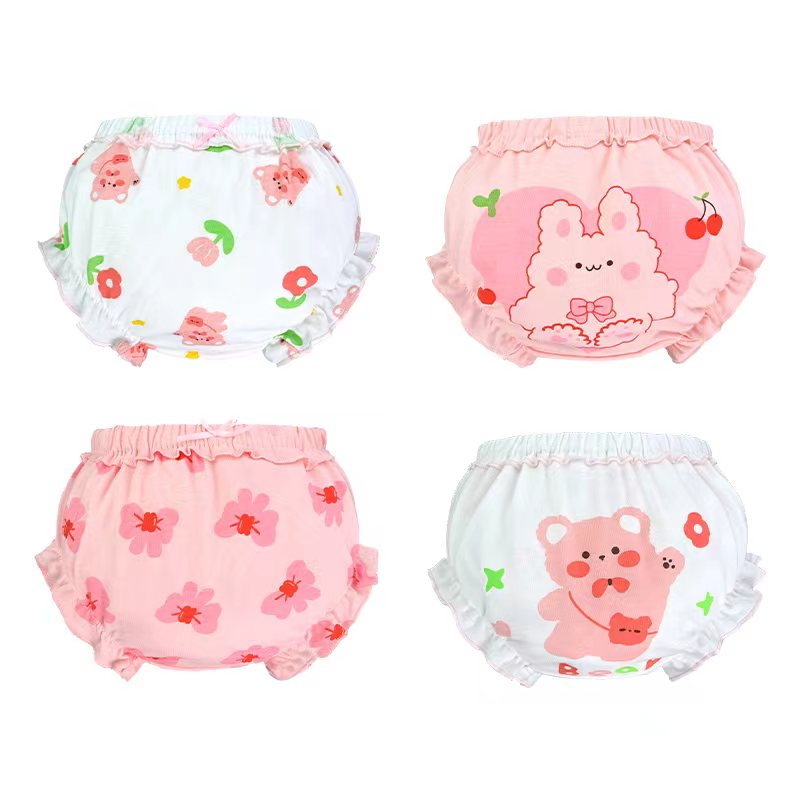 Bộ 4 quần lót bông LUCKY BIG CAT mềm mại thoáng khí họa tiết dễ thương kiểu hoạt hình thời trang dành cho bé gái