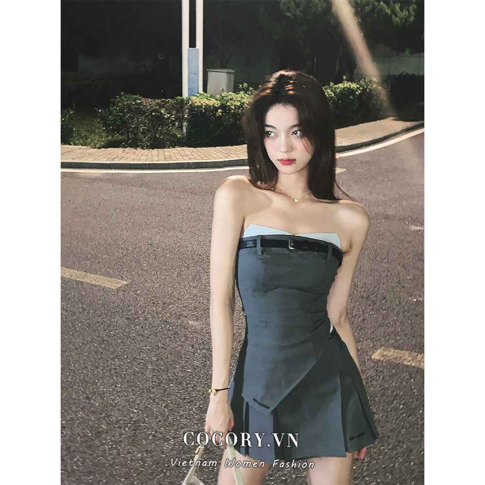 Cocory vn Chân Váy Chữ a Lưng Cao Và Áo Tay Cộc Thời Trang Quyến Rũ Cho Nữ