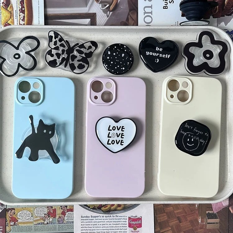 Giá Đỡ Điện Thoại Dạng Nhẫn Hình Mèo Và Bướm Màu Đen Dễ Thương Có Thể Gập Lại