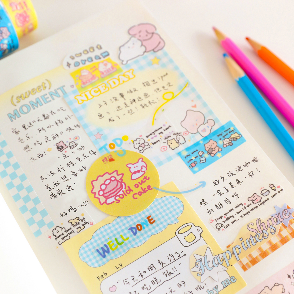 Mr. Paper 200cm/cuộn Washi băng Cô gái hàn quốc phong cách Dễ thương chữa lành gấu hoạt hình Tài liệu dán nền sáng tạo Hình ảnh sáng tạo Văn phòng phẩm trang trí băng