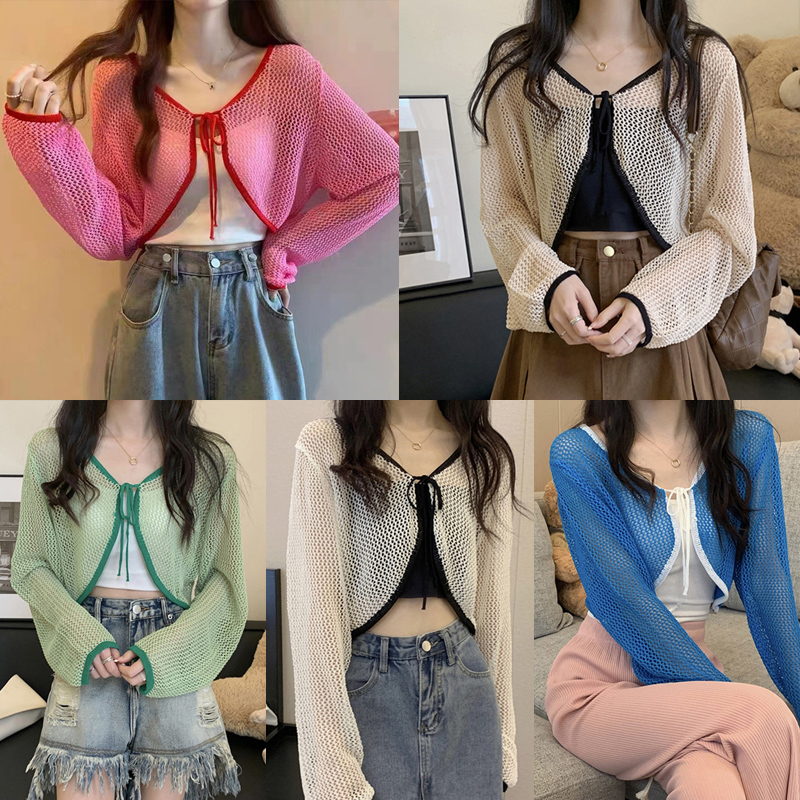 Áo Cardigan chống nắng dài tay khoét lỗ mùa hè Áo sơ mi mỏng màu tương phản cho nữ