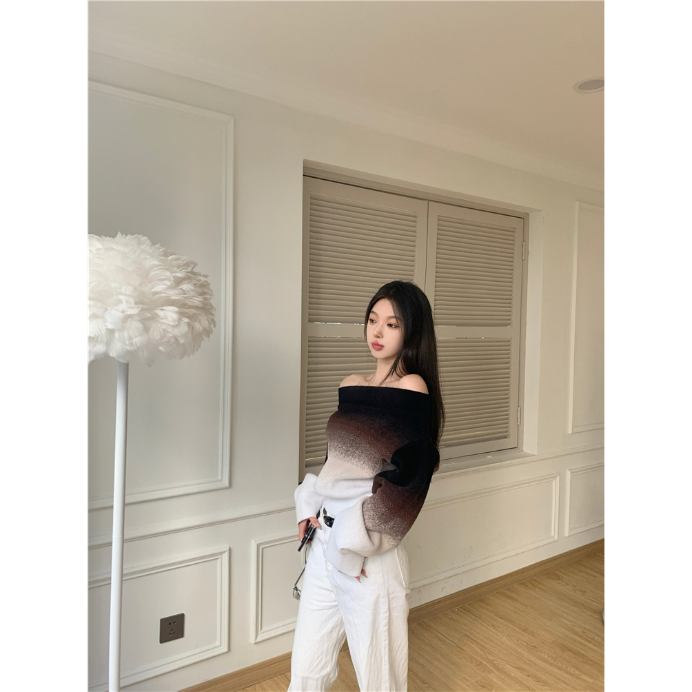 Áo sweater Một Vai Màu gradient Đa Dạng Màu Nâu Đen g