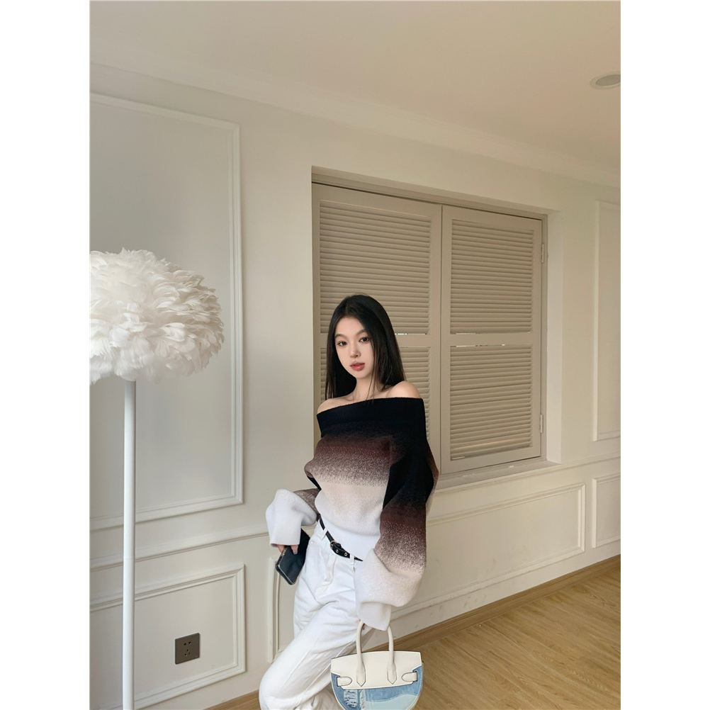 Áo sweater Một Vai Màu gradient Đa Dạng Màu Nâu Đen g