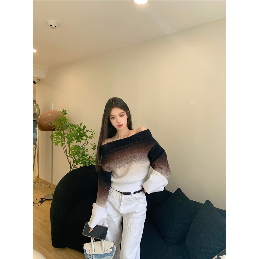 Áo sweater Một Vai Màu gradient Đa Dạng Màu Nâu Đen g