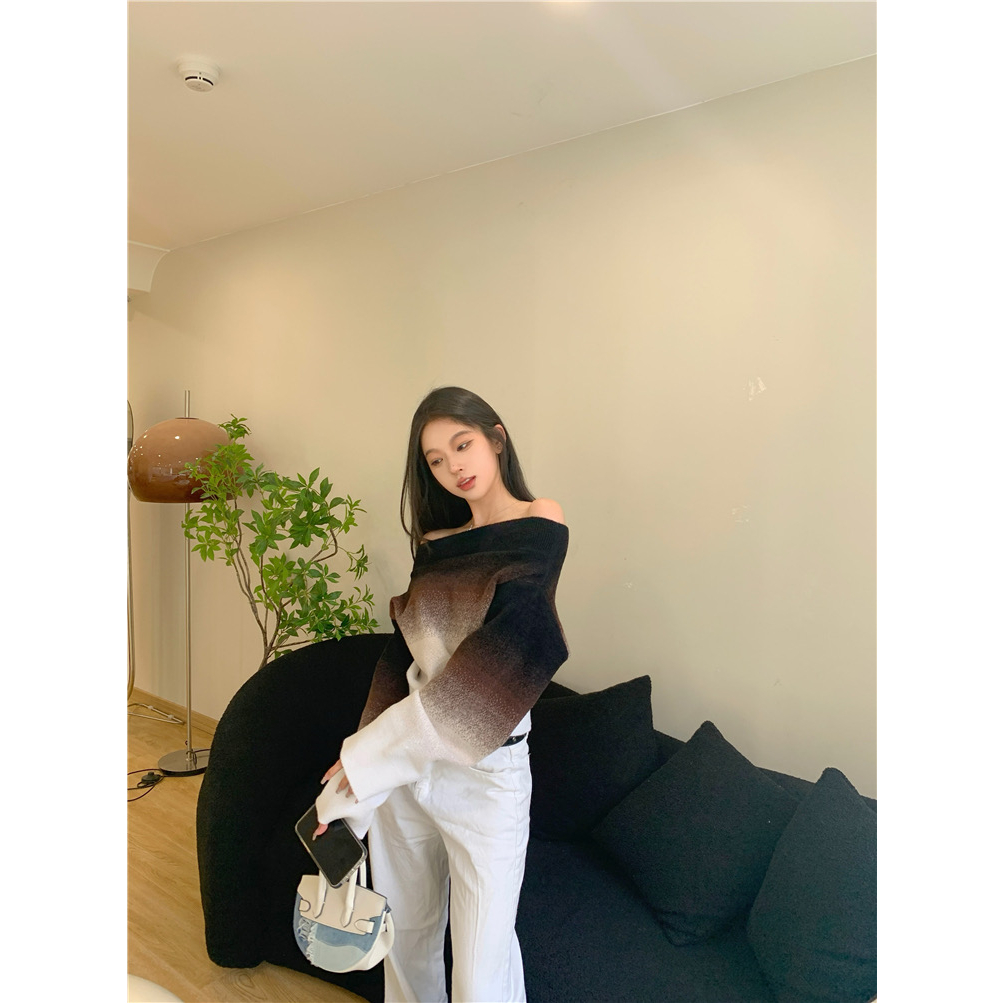 Áo sweater Một Vai Màu gradient Đa Dạng Màu Nâu Đen g
