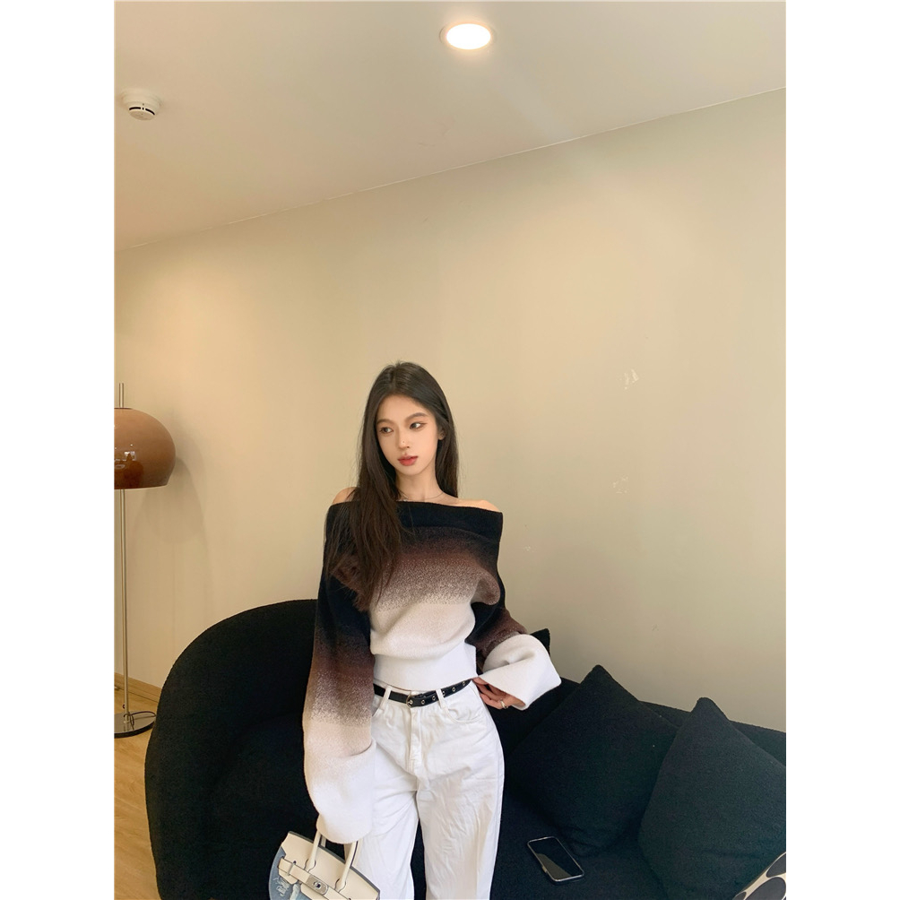 Áo sweater Một Vai Màu gradient Đa Dạng Màu Nâu Đen g