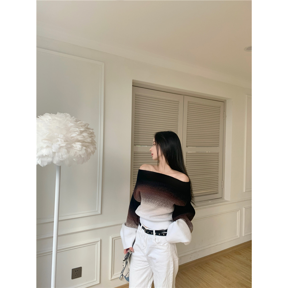 Áo sweater Một Vai Màu gradient Đa Dạng Màu Nâu Đen g