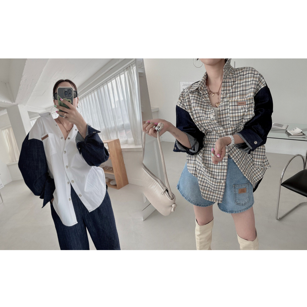 Hàng Có Sẵn Chất Lượng Tốt Chất Lượng Tốt Áo Sơ Mi denim Dài Tay Dáng Rộng Ghép Vải Kẻ Sọc Caro Màu Tương Phản Hàn Quốc dongdaemun Cỡ Lớn
