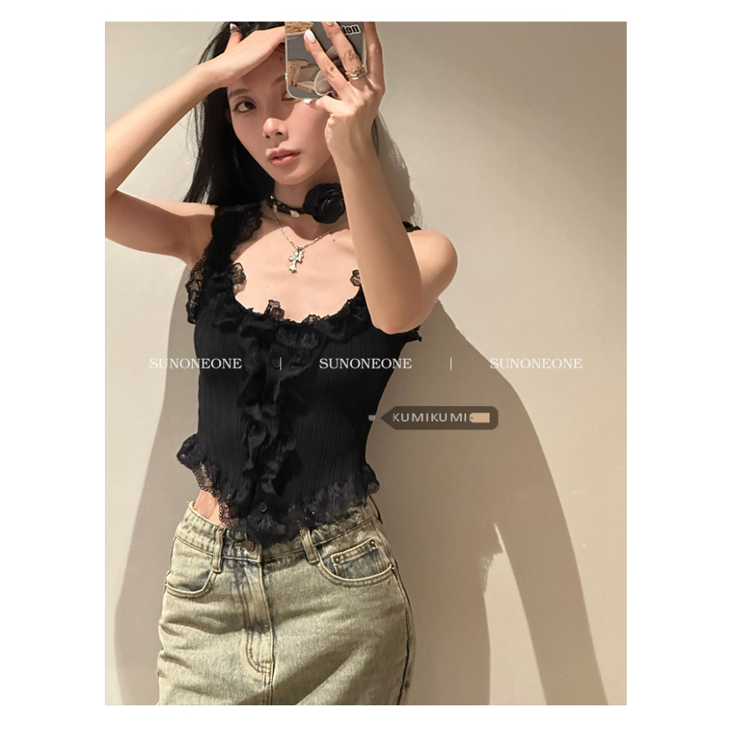 Kumikumi Áo tank top Dệt Kim Phối Ren Độc Đáo Thời Trang Mùa Hè Cho Nữ