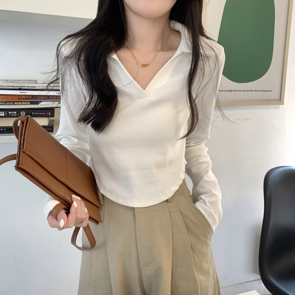 NUZIRO Áo polo Mỏng Tay Dài Dáng Rộng Màu Trơn Thời Trang Hàn Quốc Cho Nữ
