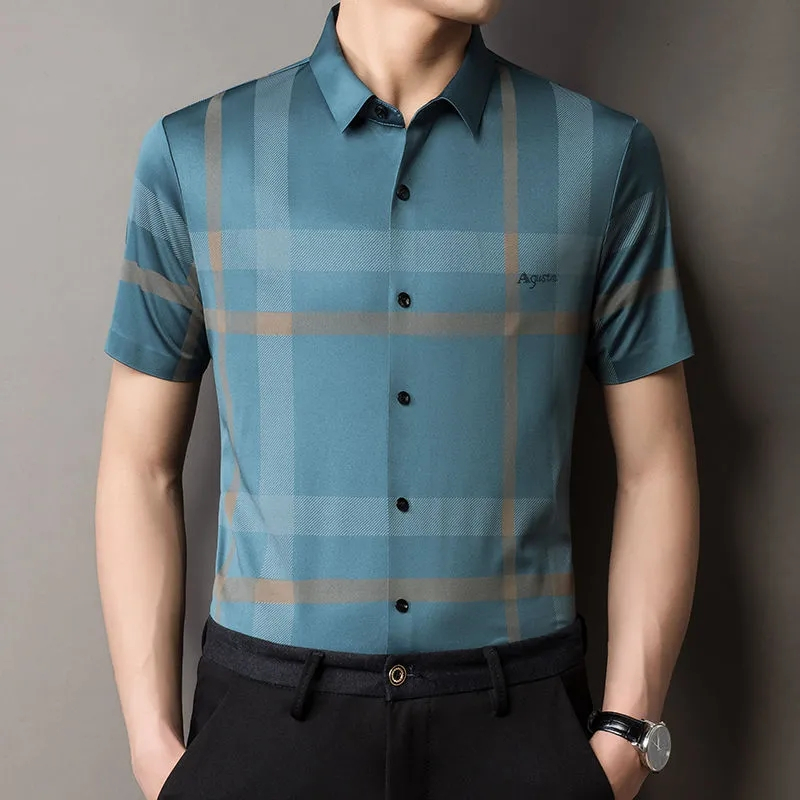 Áo Sơ Mi Lụa Kẻ Sọc Không Đường May Cá Tính Cho Nam
