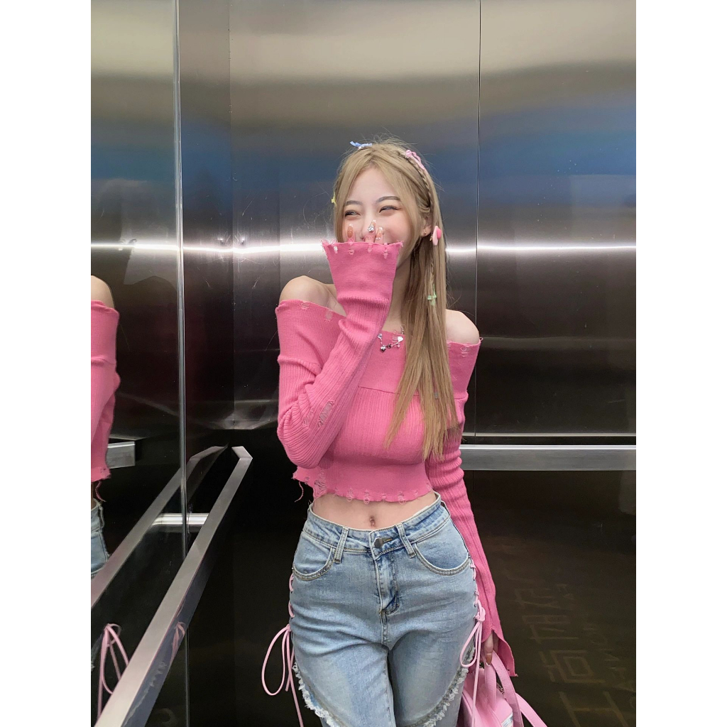 Mới Áo sweater Trễ Vai Tay Dài Dáng Ôm Màu Hồng Phong Cách Thời Trang Pháp