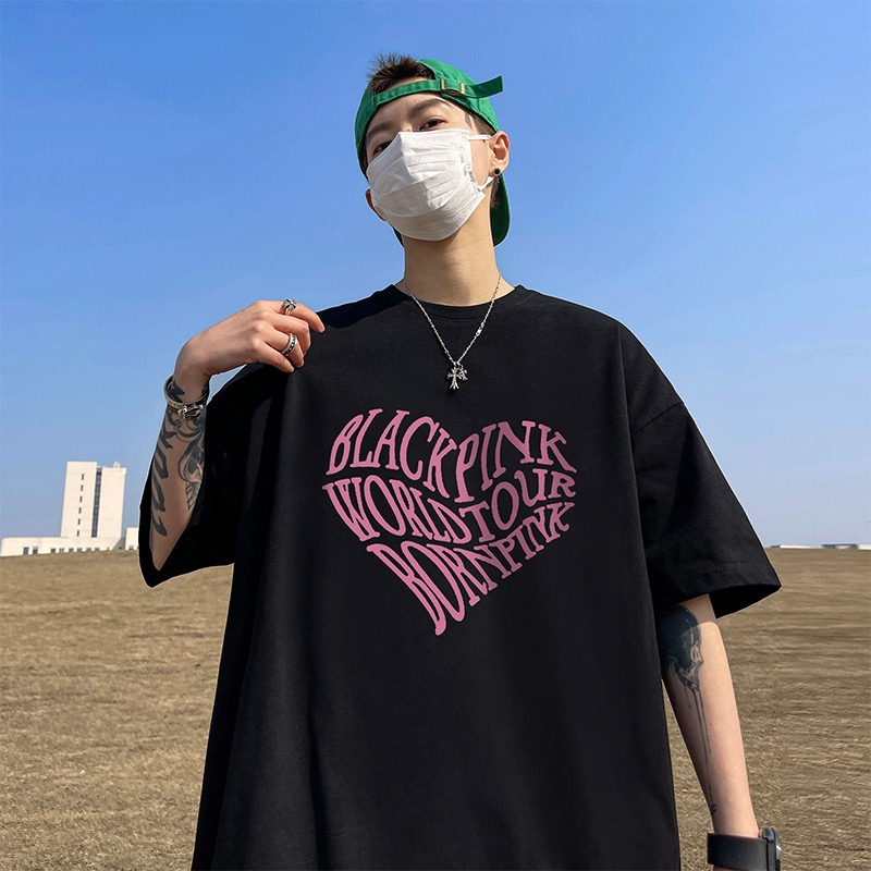 Áo thun IHKKE 100% cotton dáng rộng in chữ BLACKPINK plus size thời trang unisex