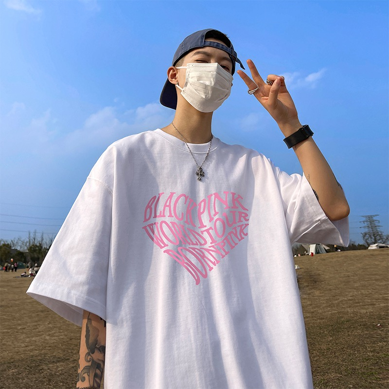 Áo thun IHKKE 100% cotton dáng rộng in chữ BLACKPINK plus size thời trang unisex