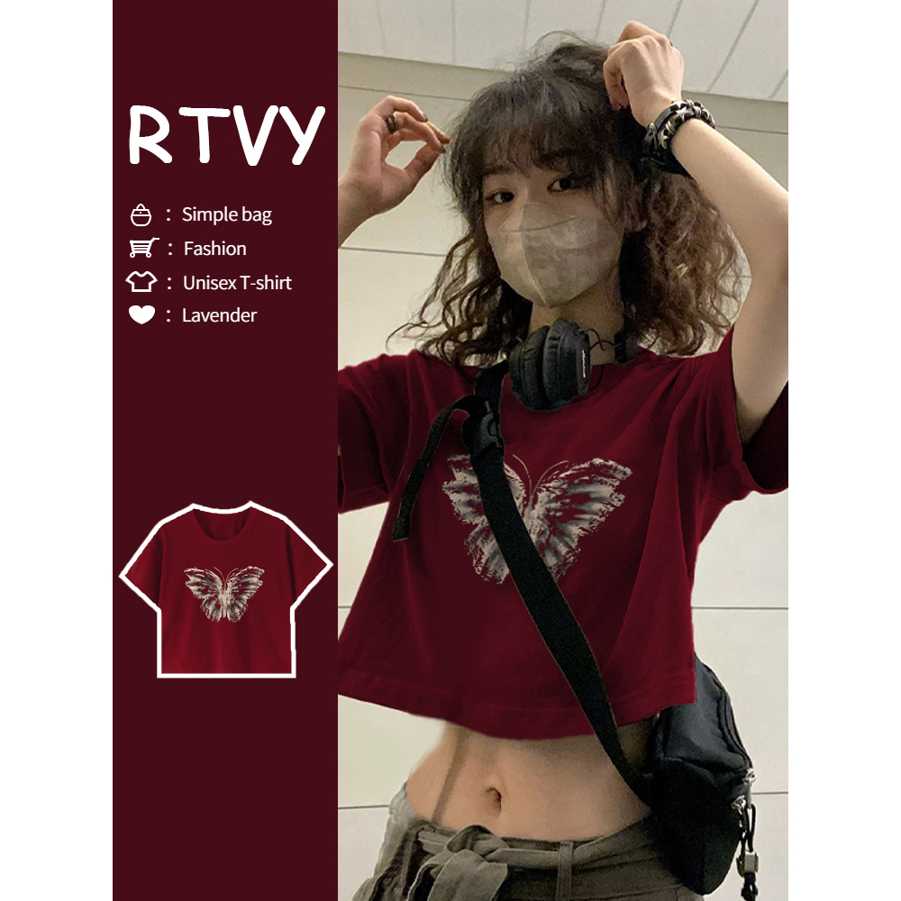 【RTVY】Áo croptop Tay Ngắn y2k Millet Màu Đỏ Rượu Vang Phong Cách retro Cho Nữ
