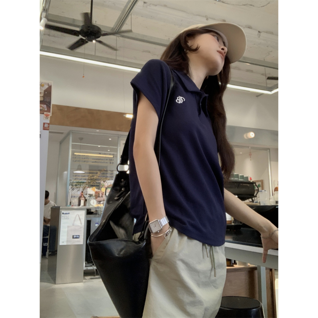 「CZC」Áo Thun Polo Tay Ngắn Thêu Họa Tiết Đơn Giản Phong Cách Pháp Thời Trang Mùa Hè Cho Nữ