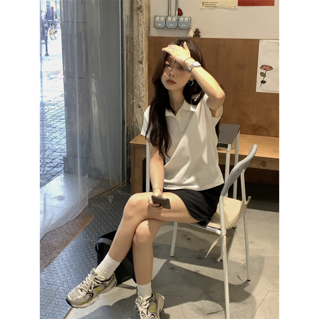 「CZC」Áo Thun Polo Tay Ngắn Thêu Họa Tiết Đơn Giản Phong Cách Pháp Thời Trang Mùa Hè Cho Nữ