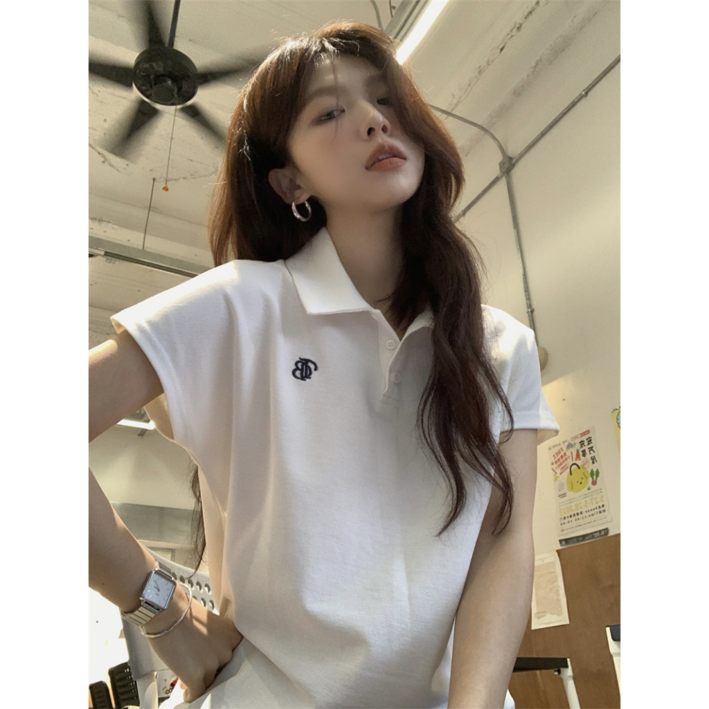 「CZC」Áo Thun Polo Tay Ngắn Thêu Họa Tiết Đơn Giản Phong Cách Pháp Thời Trang Mùa Hè Cho Nữ