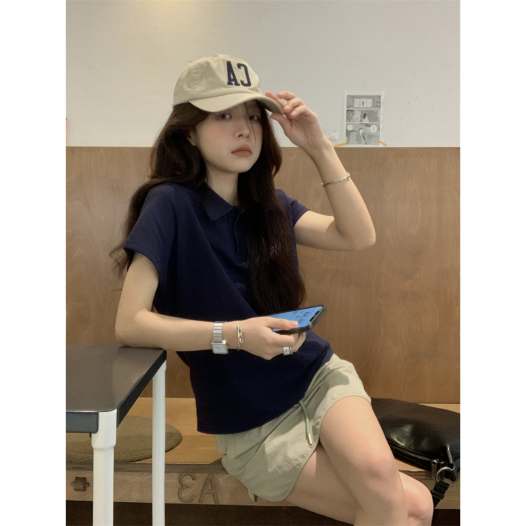 「CZC」Áo Thun Polo Tay Ngắn Thêu Họa Tiết Đơn Giản Phong Cách Pháp Thời Trang Mùa Hè Cho Nữ