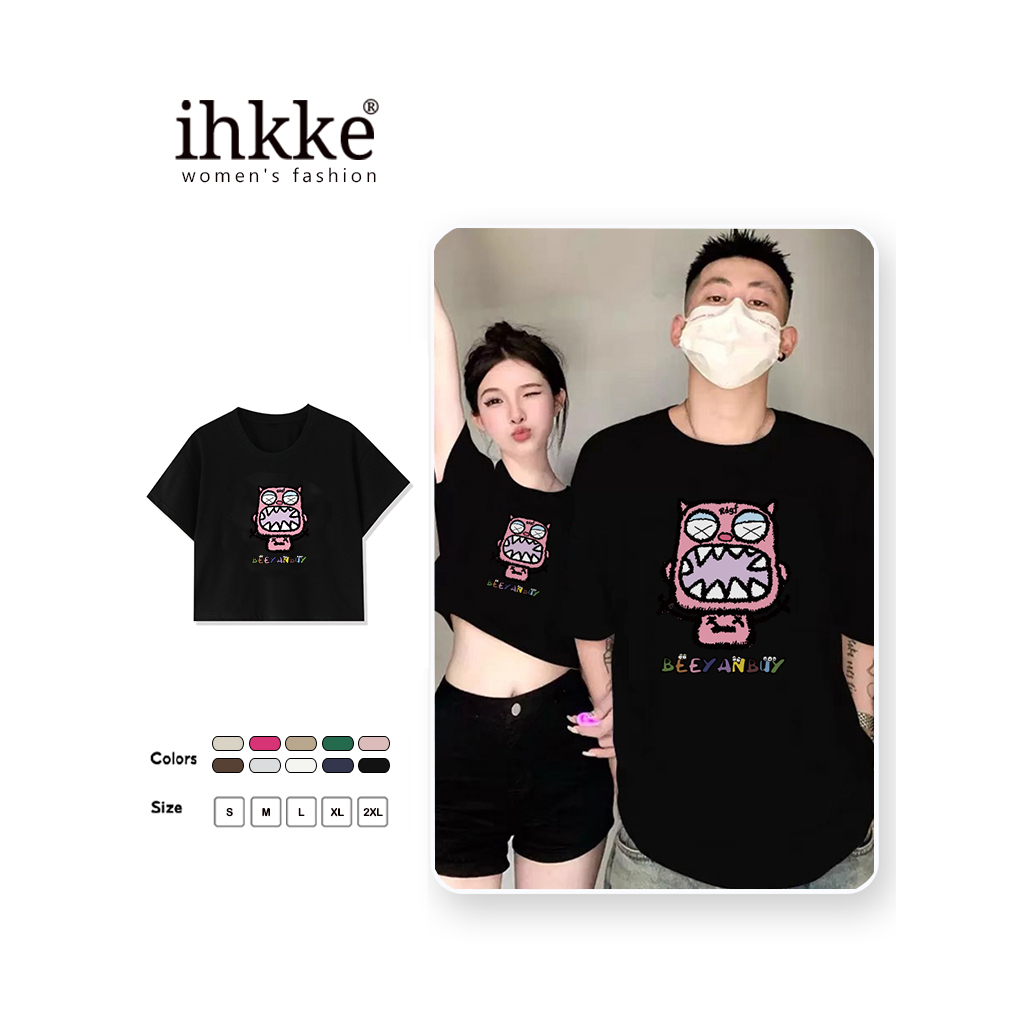 Áo thun croptop IHKKE in hình quái vật nhỏ phong cách Hàn Quốc thời trang cho cặp đôi
