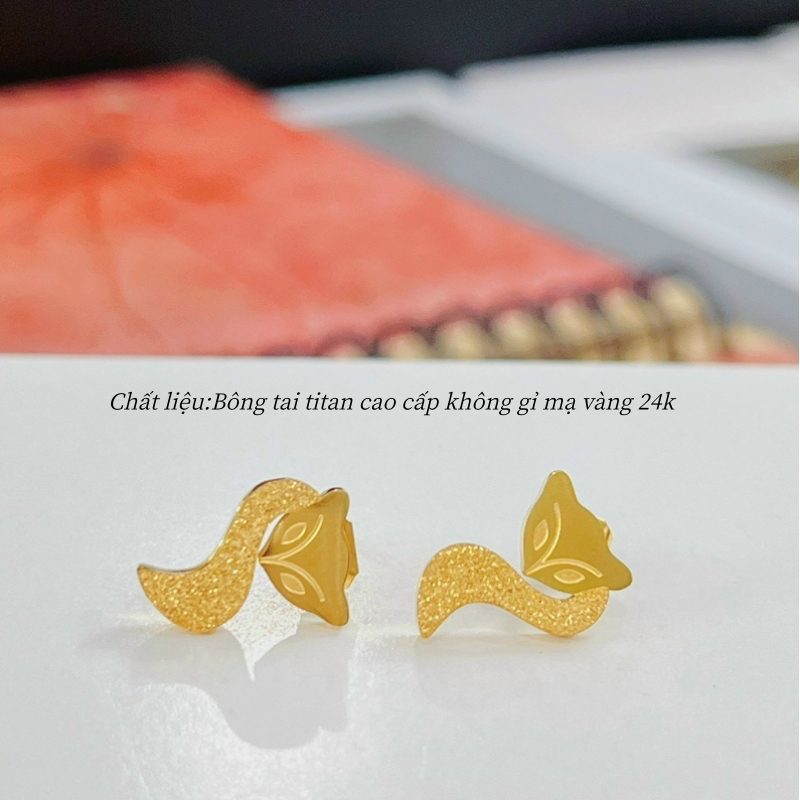 Bông tai titan cao cấp không gỉ mạ vàng 24k hình hồ ly phun cát lấp lánh thời trang quyến rũ dành cho nữ