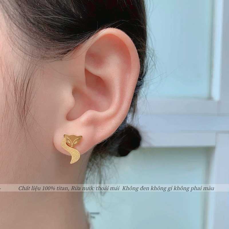 Bông tai titan cao cấp không gỉ mạ vàng 24k hình hồ ly phun cát lấp lánh thời trang quyến rũ dành cho nữ