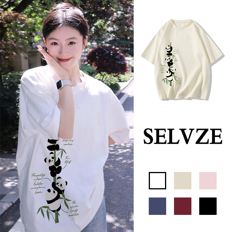 SELVZE Thời Trang Áo Thun cotton Tay Ngắn Dáng Rộng in Hình Gấu Trúc Dễ Thương