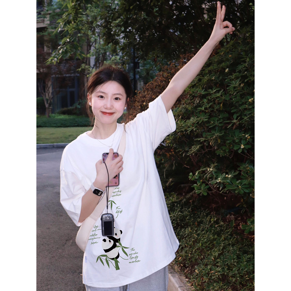 SELVZE Thời Trang Áo Thun cotton Tay Ngắn Dáng Rộng in Hình Gấu Trúc Dễ Thương