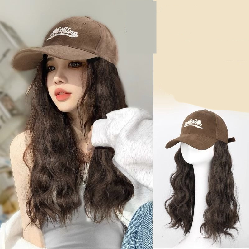 Thời Trang Mũ Lưỡi Trai Kèm Tóc Giả Dài Uốn Xoăn Thanh Lịch Cho Nữ