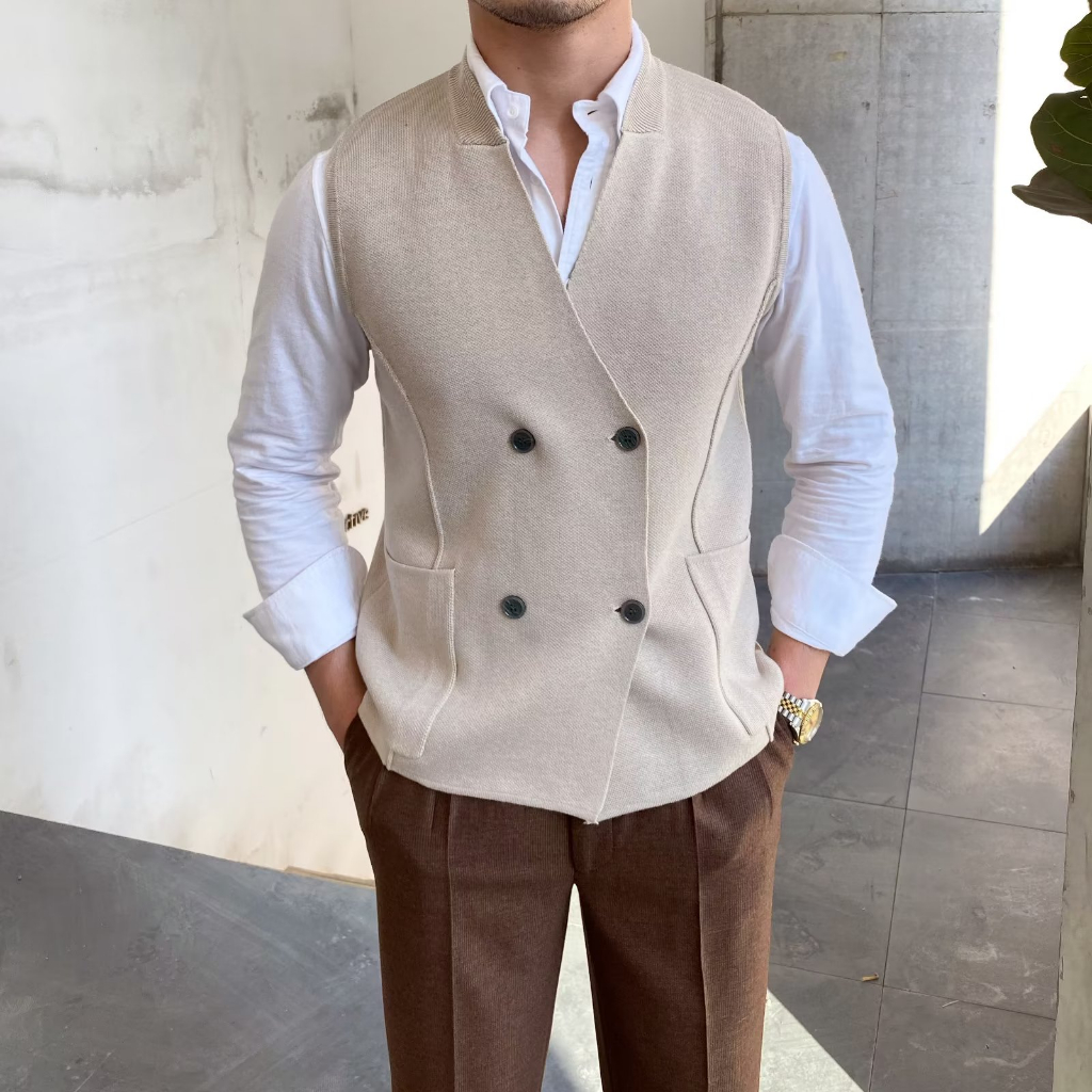 Áo vest Len Hai Dây Dáng Ôm Màu Trơn Phong Cách Anh Quốc Cổ Điển Thời Trang Cho Nam x0632